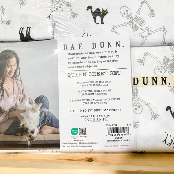 RAE DUNN *NEW* Spooky Skeleton Black Cat Halloween Queen Sheet Set Goth - Picture 5 of 8
